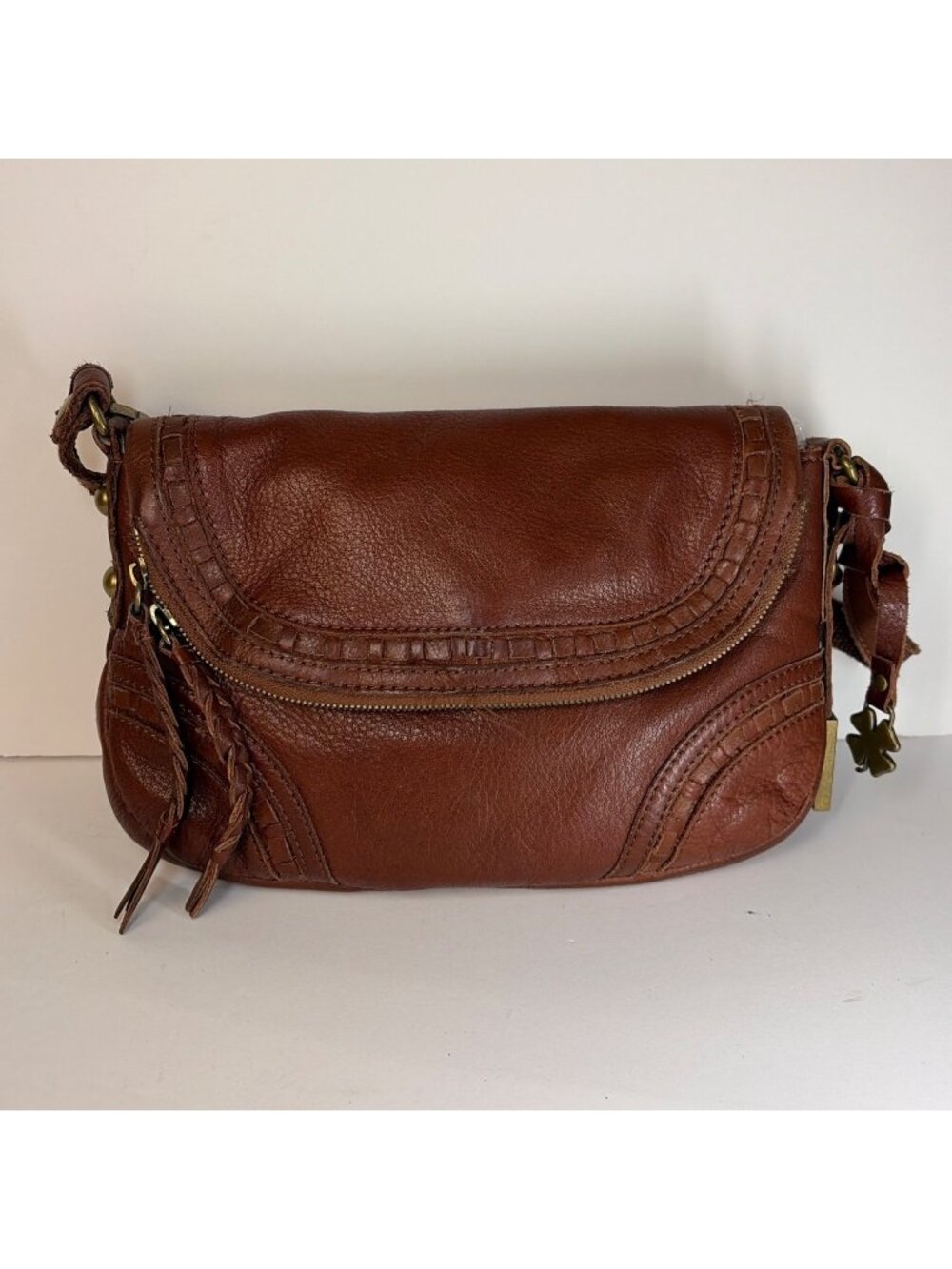 Vintage Lucky Brand Crossbody Shoulder Bag Italian Leather Whipstitch Brown - Picture 2 of 16